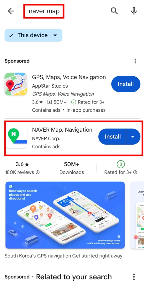 Search and install Naver Maps in Google Play